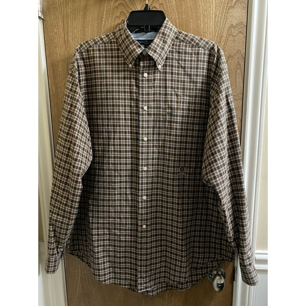 Tommy Hilfiger Men's M Green Orange Plaid  Button-Down Cotton Long Sleeve Shirt